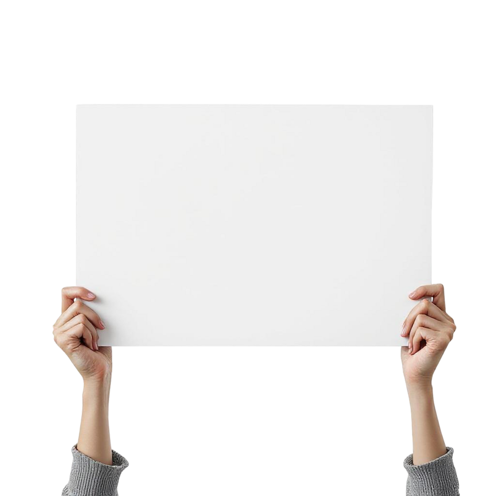 Hands holding blank white sign on transparent background png