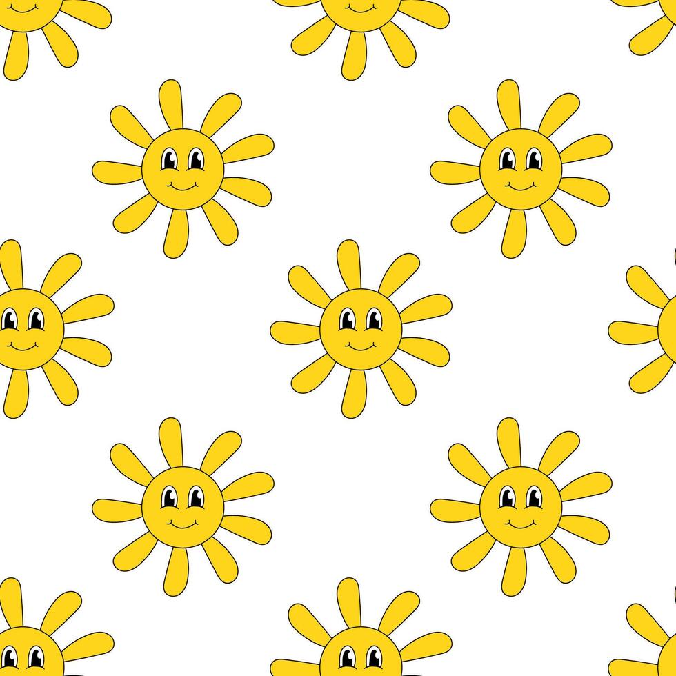 Seamless pattern with Smiling Face Sun. Groovy style background. flat illustration. vector