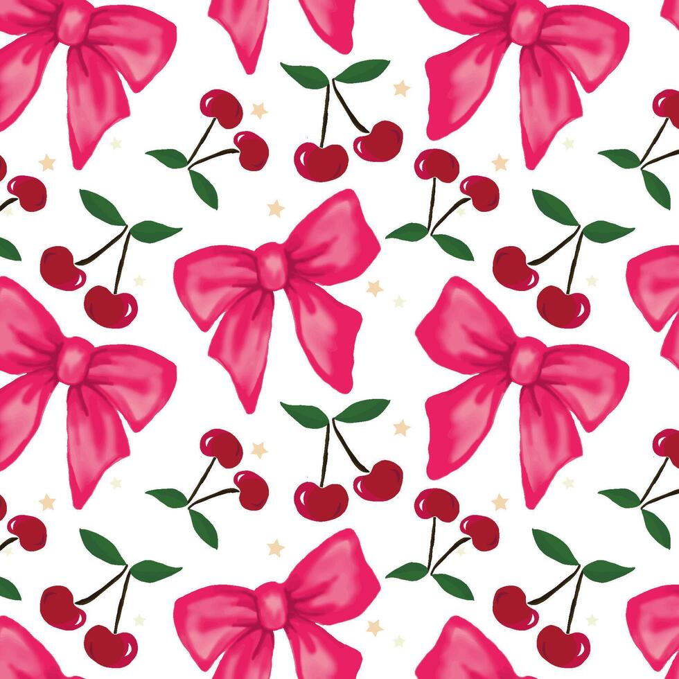 Pink coquette bows and clusters of tiny red cherries with leaves, seamless pattern.The bow and cherry designs are evenly spaced, for wrapping paper or fabric vector