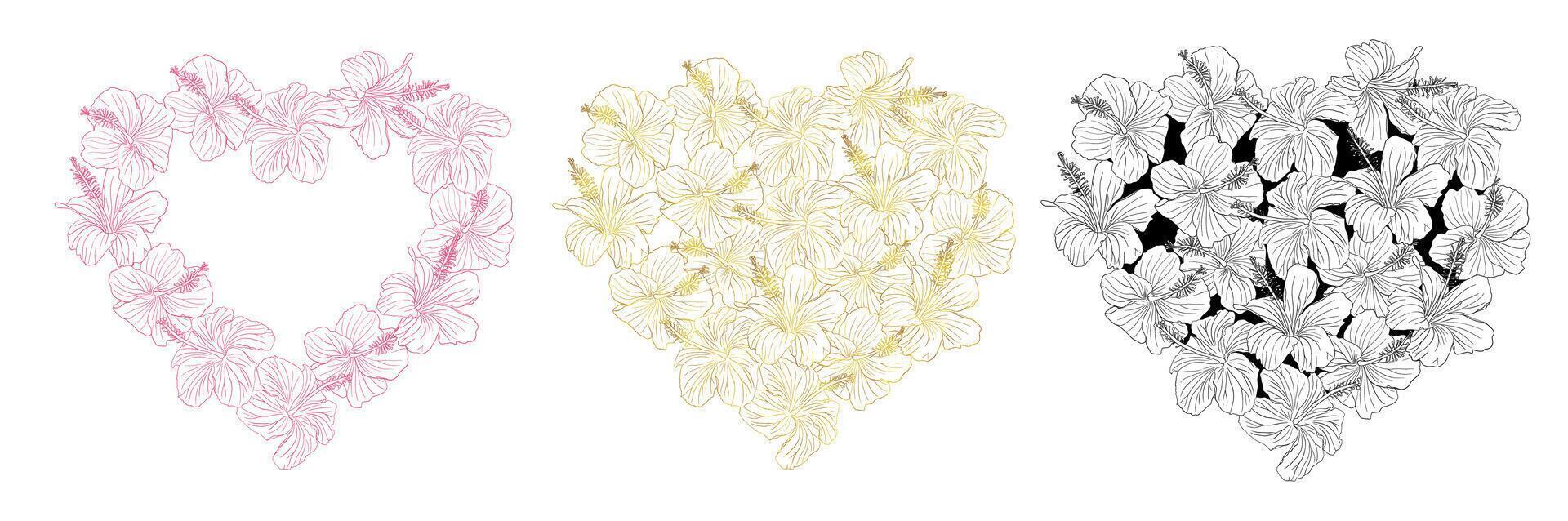 Hibiscus hearts set for cloring book design vector