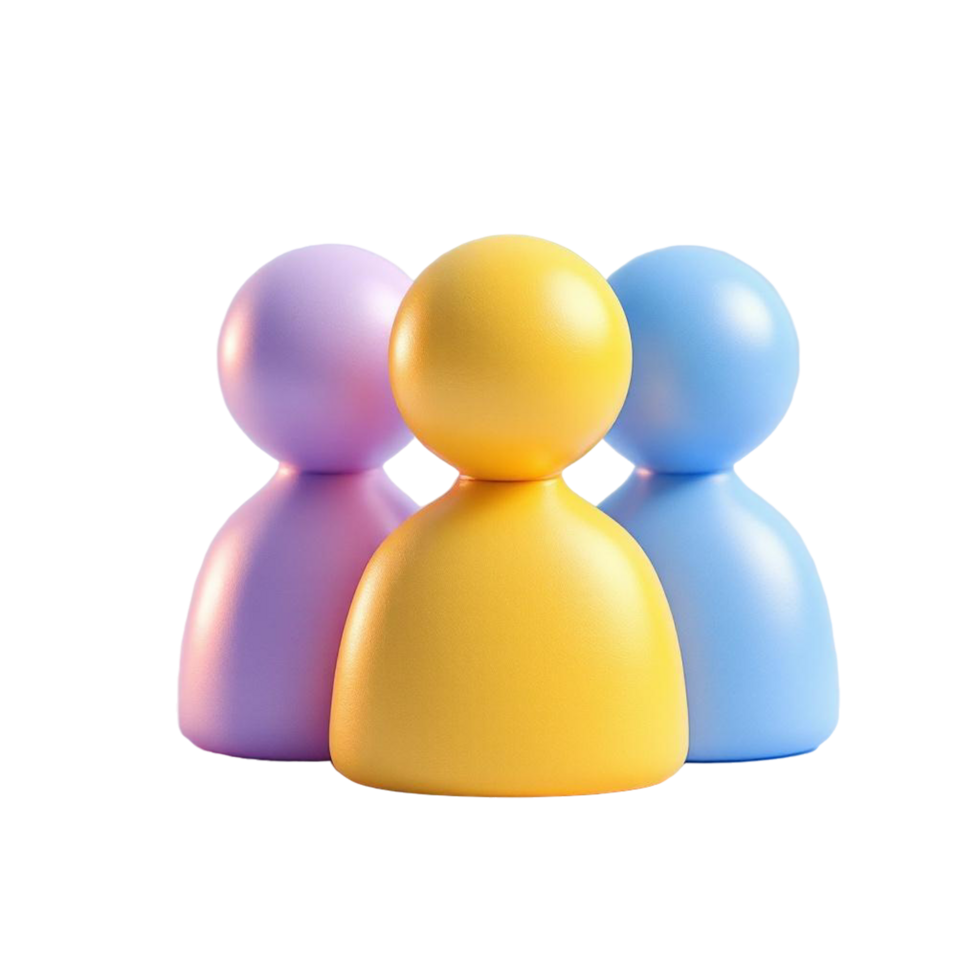 Three stylized people icons in pastel colors on transparent background png