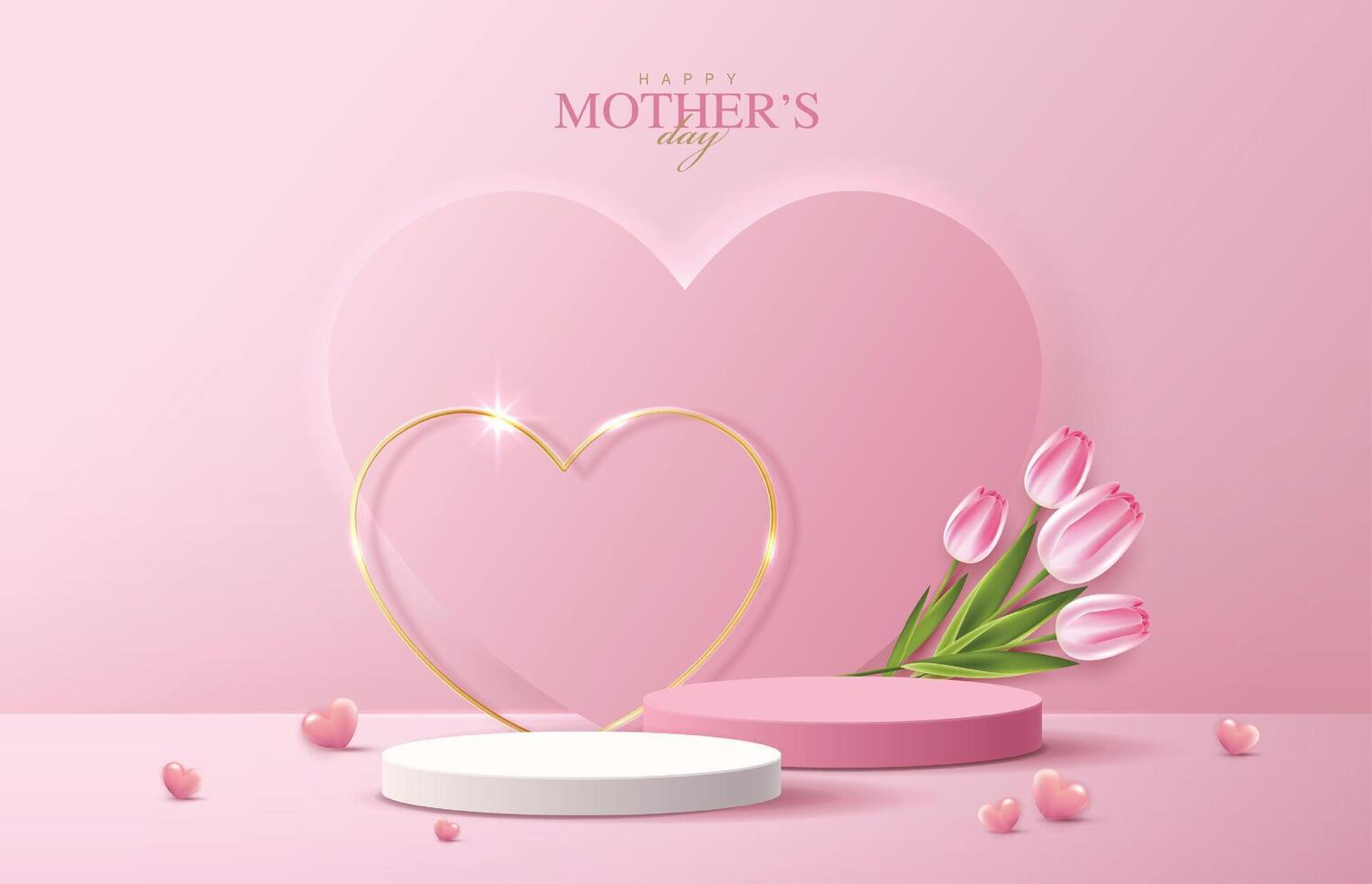 Mother's day for display podium, Valentine's Day with heart and flower. minimal pink background. product display presentation. studio room concept minimal wall scene vector
