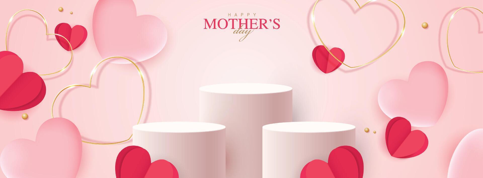 Mother's day for display podium, Valentine's Day with heart and flower. minimal pink background. product display presentation. studio room concept, minimal wall scene. design vector