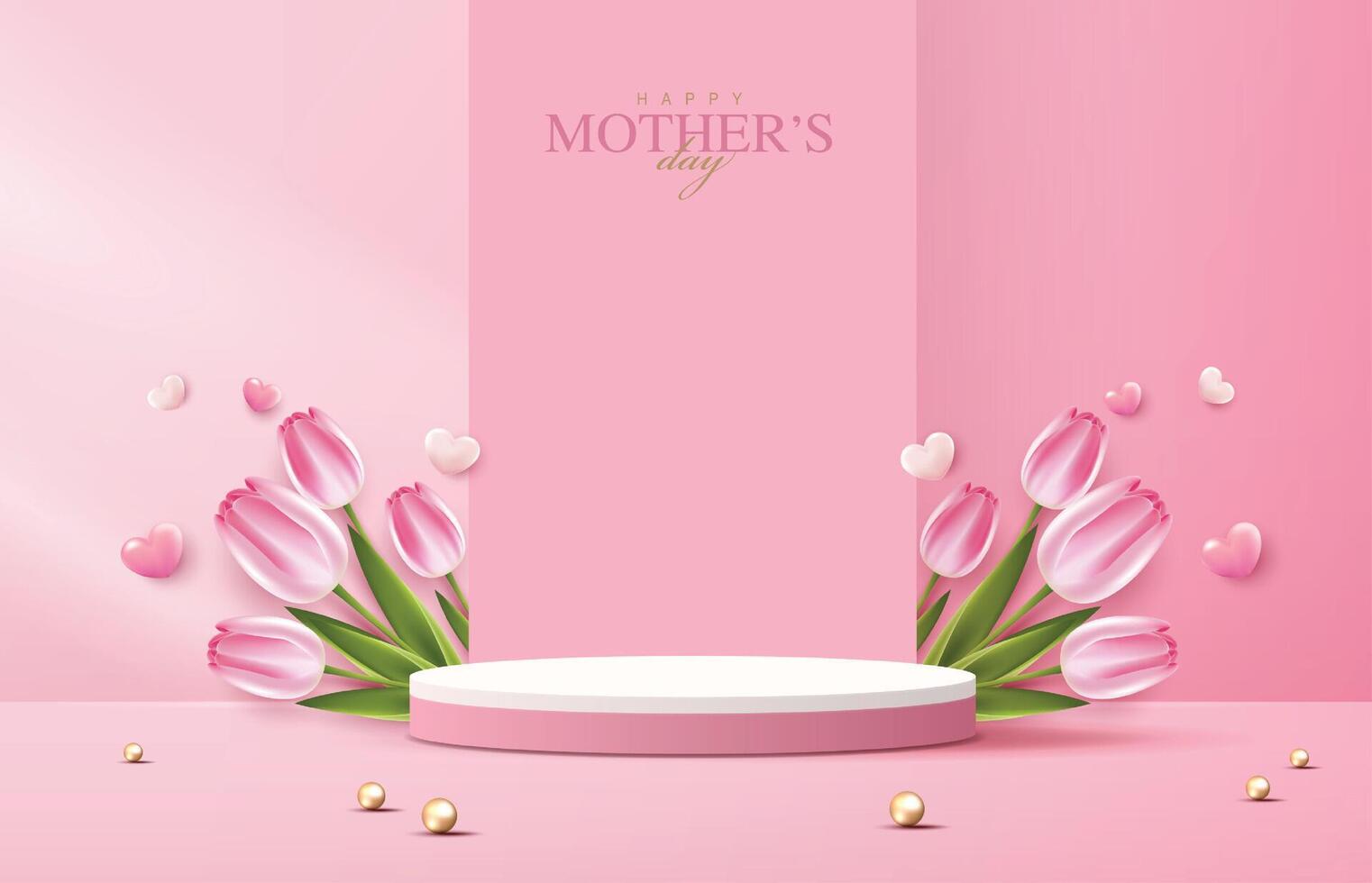 Mother's day display podium, Valentine's Day with heart and flower. minimal pink background. product display presentation. studio room concept, minimal wall scene. design. vector