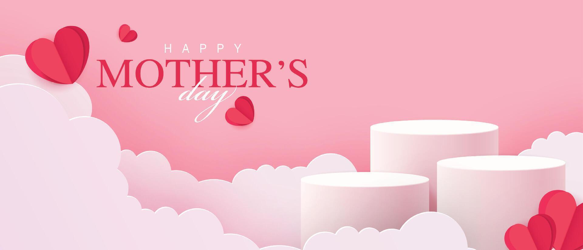 Mother's day display podium, Valentine's Day with heart and flower. minimal pink background. product display presentation. studio room concept, minimal wall scene. vector