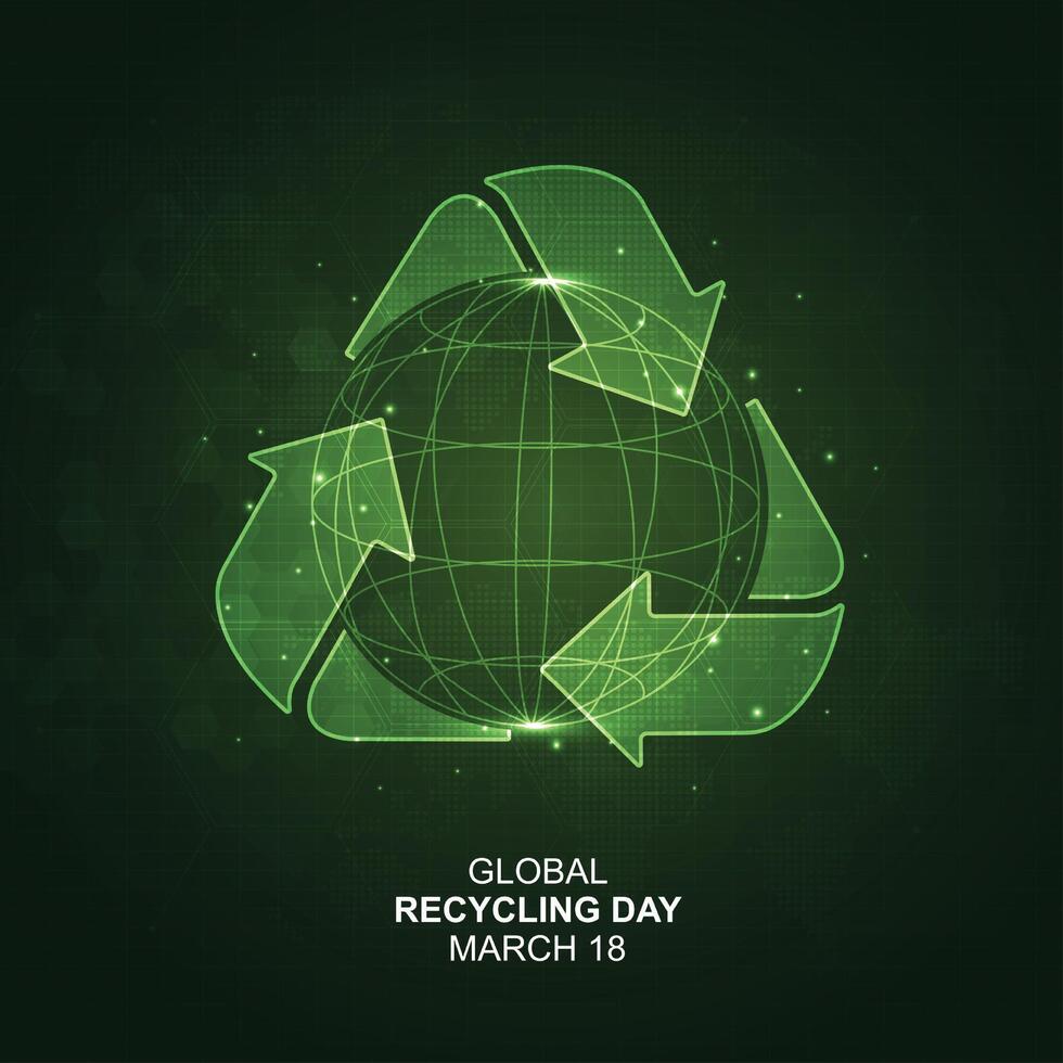 Global recycling day. green arrows recycling symbol with planet earth and icons. reuse reduce recycle. sustainable development concept of eco-friendly practices. design vector