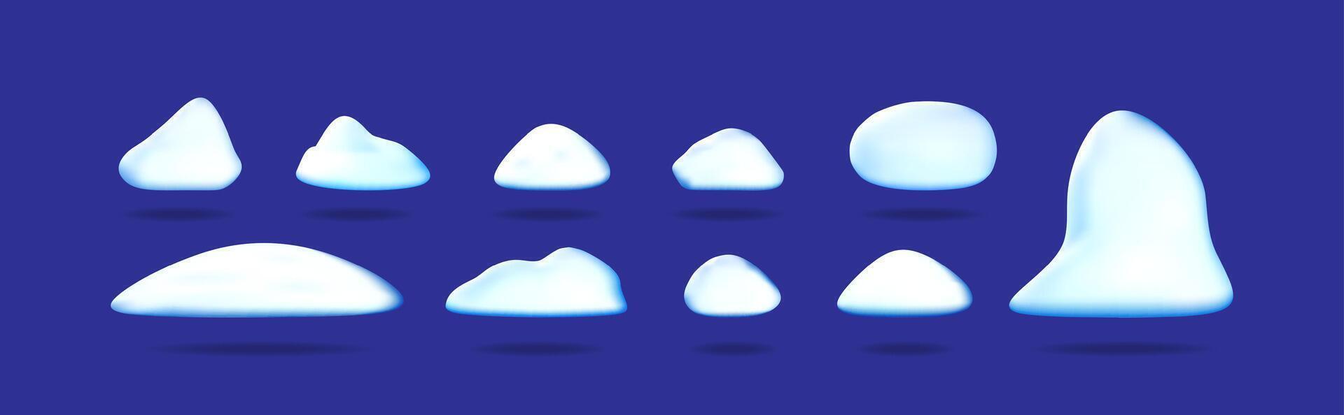 Realistic 3d set of snowdrift or snow mound for winter scene. Different shapes of snow pile for landscape design. vector