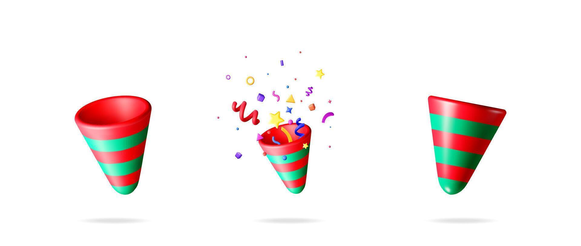 Exploding party popper with colorful confetti, abstract shapes, fun, and celebration. New year, Christmas, birthday concept. vector