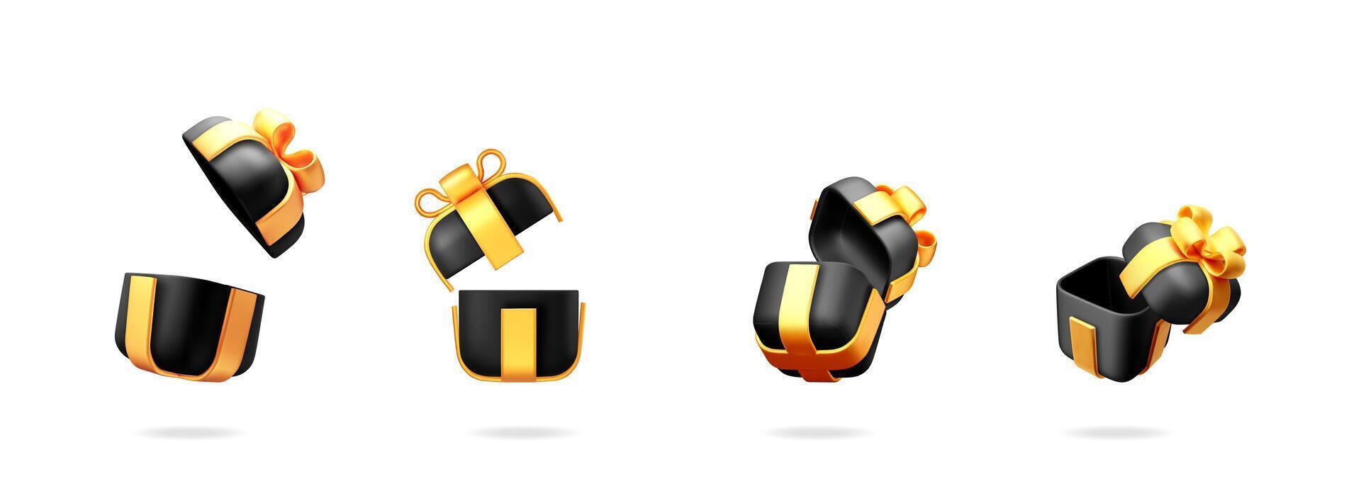 3d illustration set of open black gift boxes with golden ribbons. Isolated present for holiday and celebration concept. vector