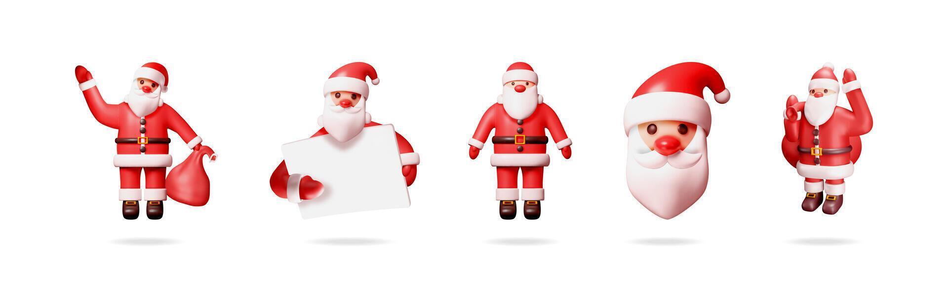 Different 3d comic style illustration set of Santa Claus with sack, empty board, and various poses for Christmas holiday design. vector