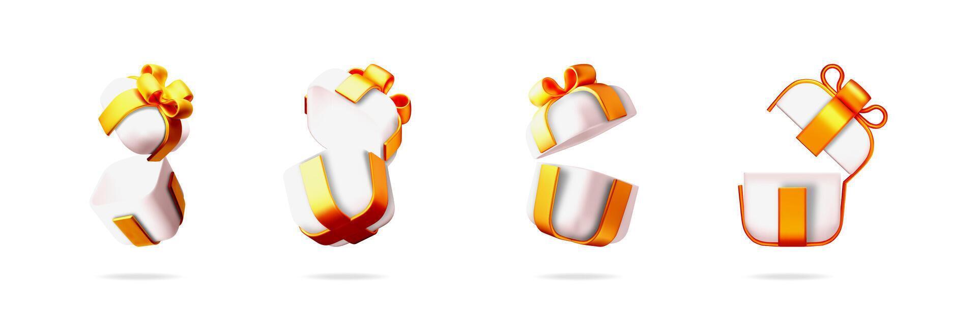 3d illustration set of closed and open gift box with golden ribbon bow. Special present concept for Valentines. vector