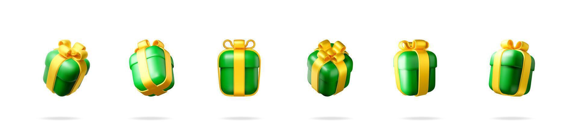 Set of green 3d gift box with golden ribbon bow. Collection of flying realistic present boxes for celebration and holiday. vector