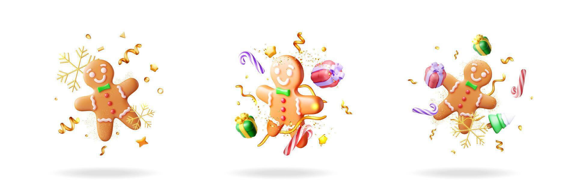 3D Holiday Gingerbread Man Cookie and Confetti icon vector