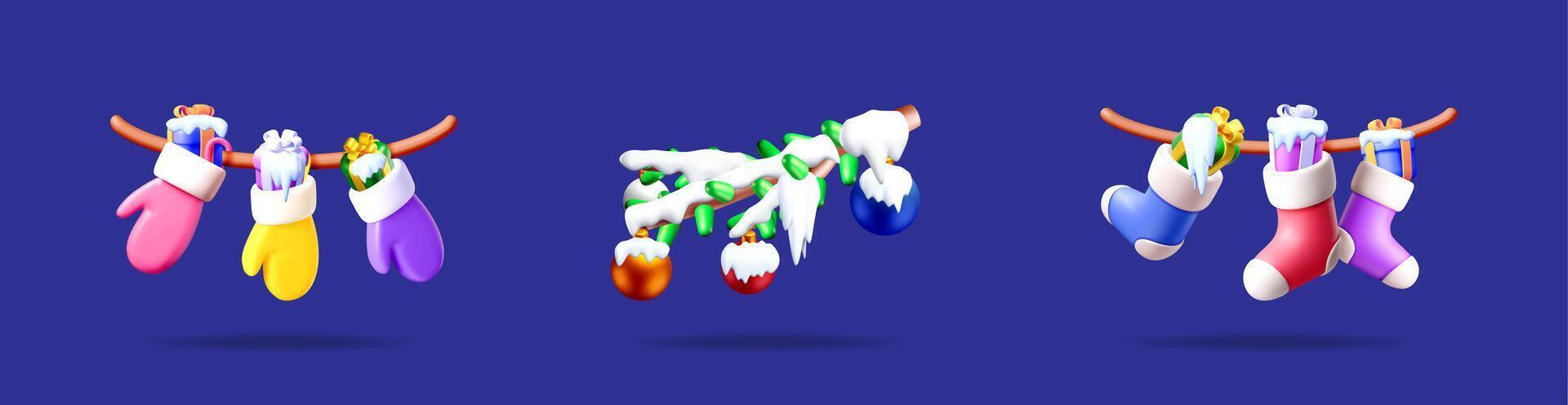 3d glowing christmas tree branches vector