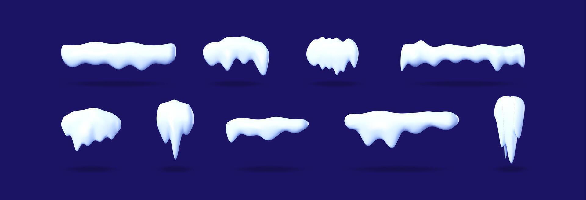 3d illustration set of snow caps and icicles, an isolated snow element collection for winter design and Christmas holiday. vector