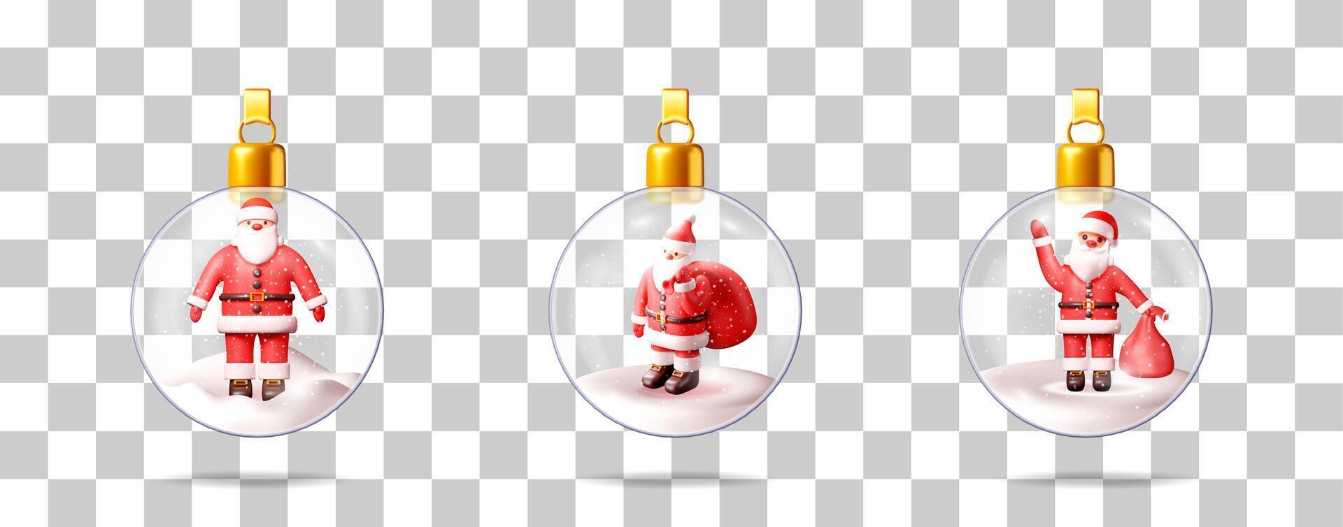 Set of three 3d illustrations of a Santa Claus character inside a clear glass Christmas globe with white snow, holiday design element. vector