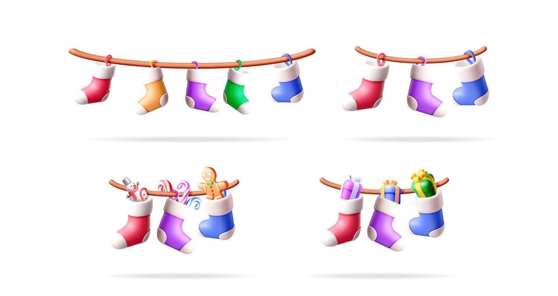 Christmas stockings hanging on rope with presents and candy. New Year holiday decoration for greeting card and festive background. vector