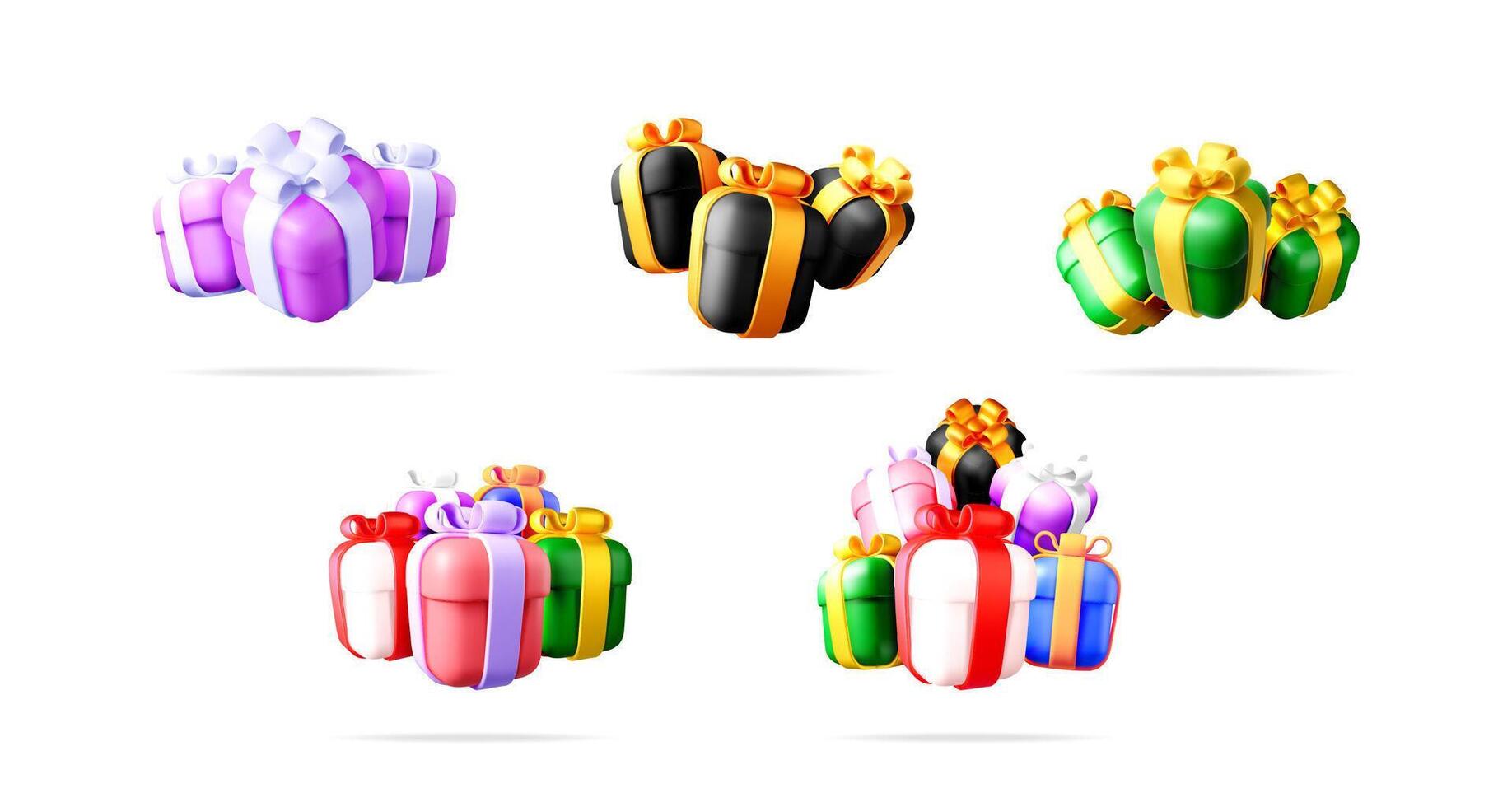 Assorted 3d gift box collection rendered in style. Cute cartoon style present for holiday celebration. 3d illustration set collection. vector