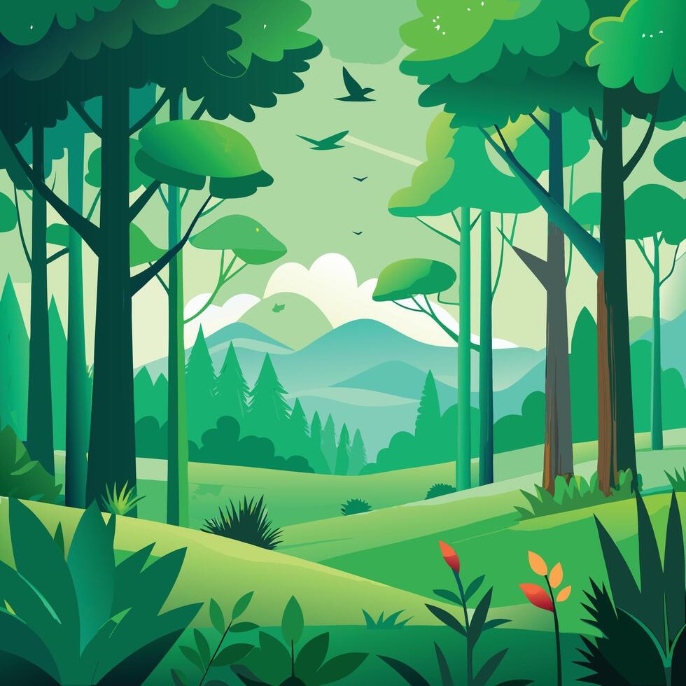 illustration of a forest landscape with trees and birds. vector