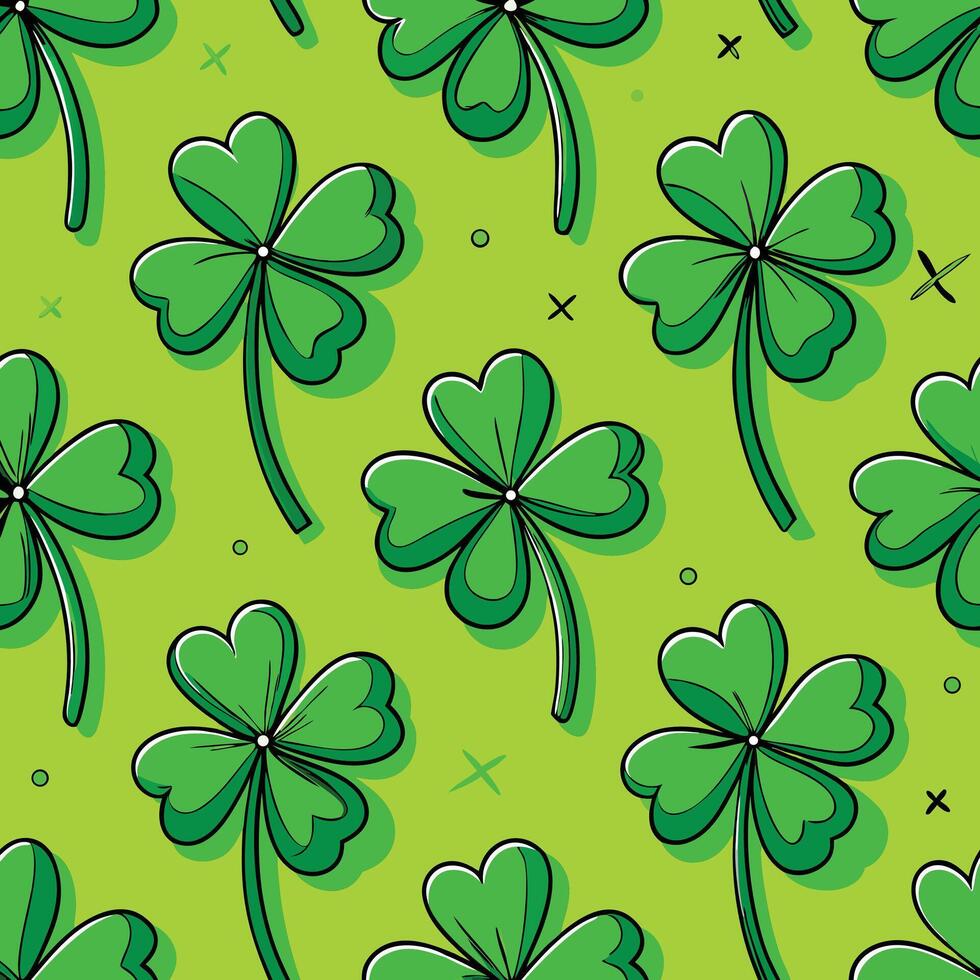 seamless pattern with four leaf clovers on a green background vector