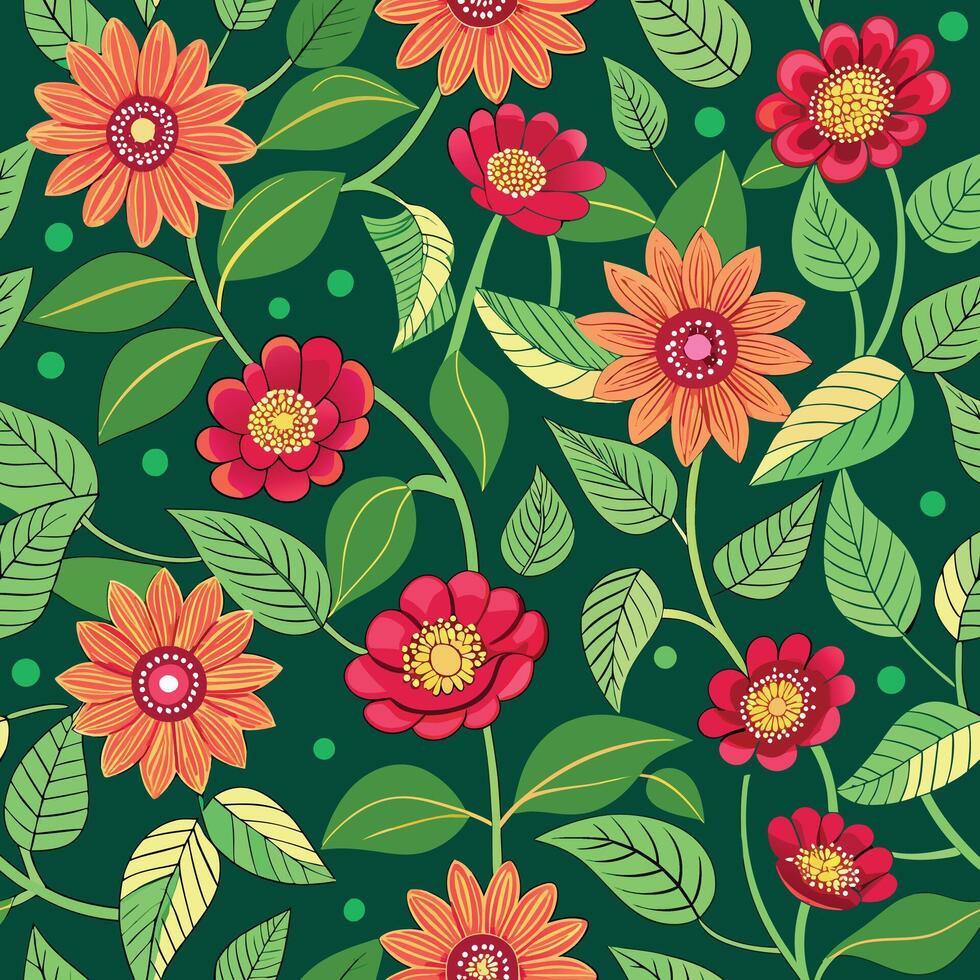 seamless floral pattern with red and orange flowers vector