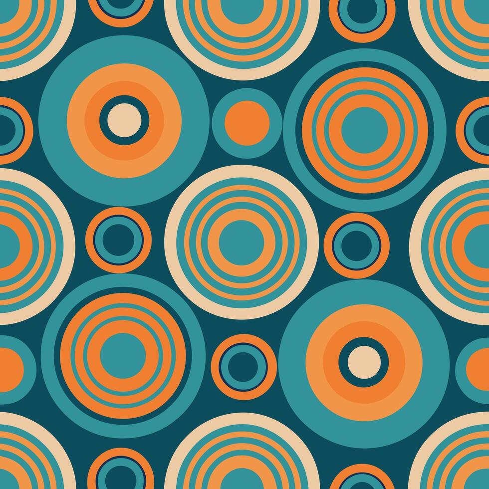 retro seamless pattern with circles and circles in blue, orange and white vector