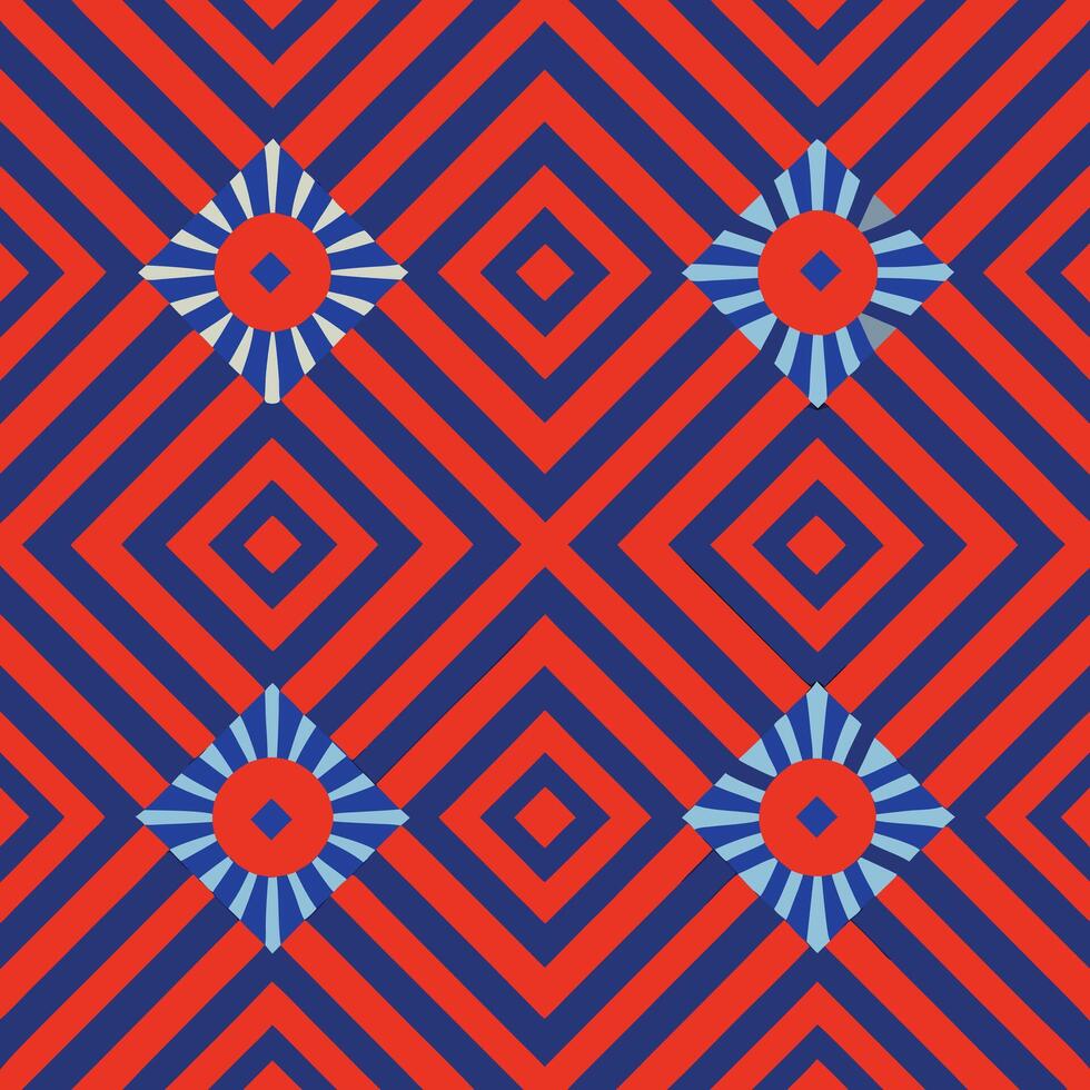 a red and blue geometric pattern with a sun on it vector