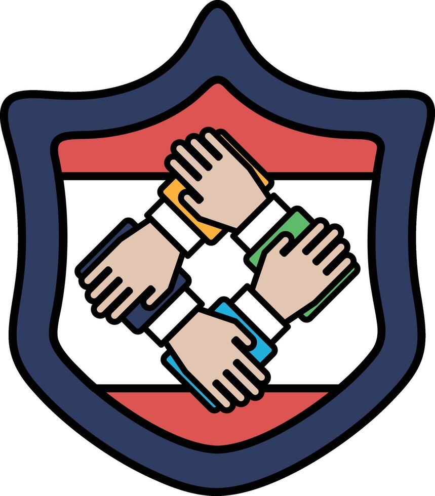 A shield with four hands holding hands vector