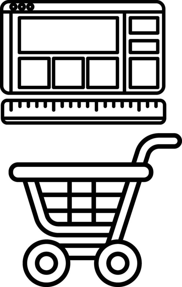 A black and white image of a shopping cart and a computer monitor vector