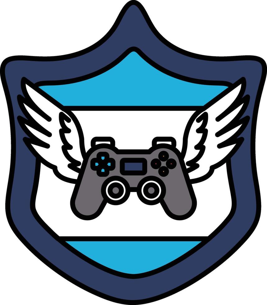 A blue shield with white wings and a controller on it vector