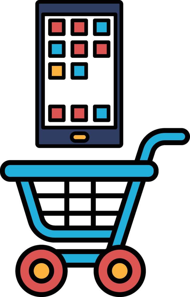 A blue shopping cart with a cell phone on top of it vector