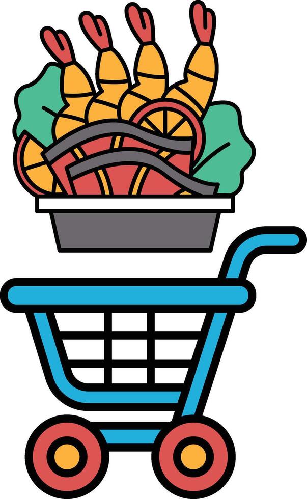 A blue shopping cart with a basket full of food items including shrimp vector