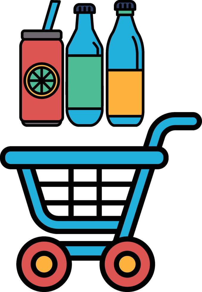 A blue shopping cart with a carton of orange juice, a carton of lemonade vector
