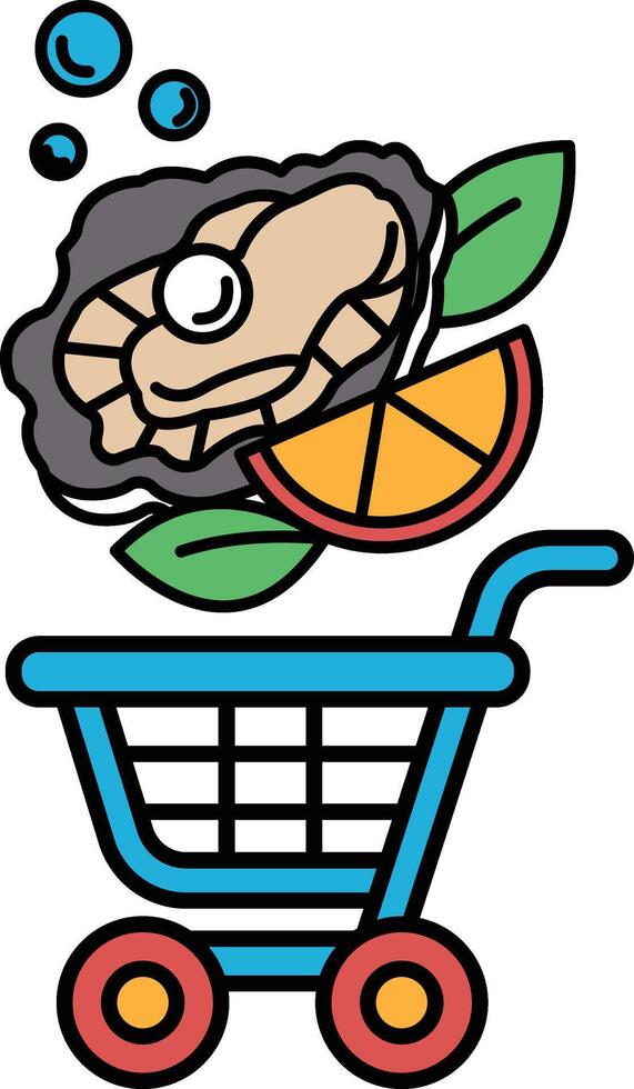 A cartoonish image of a shopping cart filled with food items, including a crab vector