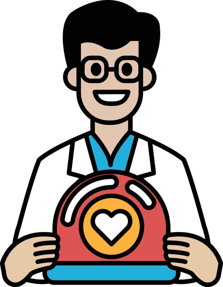 A man in a white lab coat holding a red heart vector