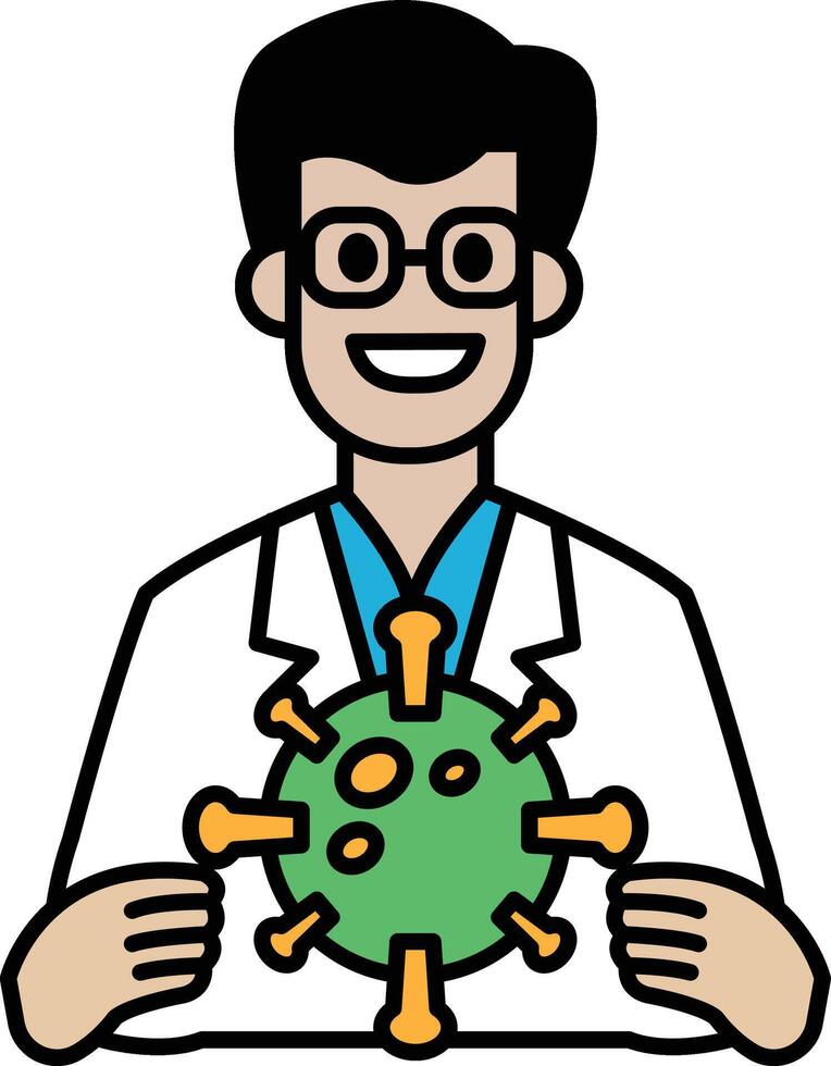 A cartoon man in a lab coat holding a green virus vector