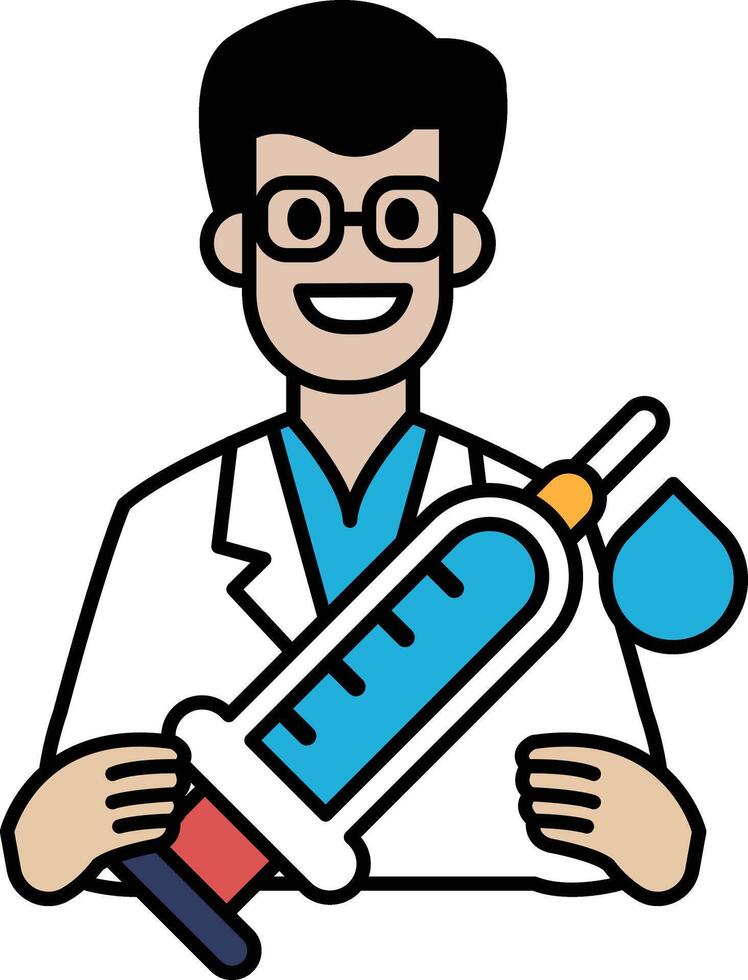 A man in a white lab coat holding a syringe vector
