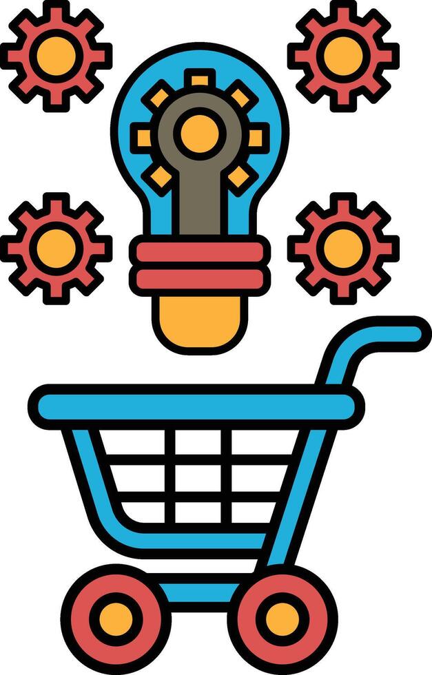 A blue shopping cart with a light bulb on top and a bunch of gears around it vector