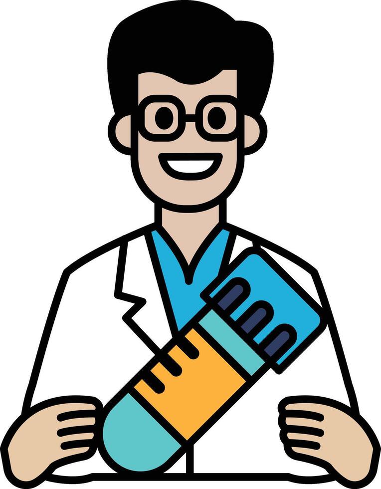 A man in a lab coat holding a syringe vector