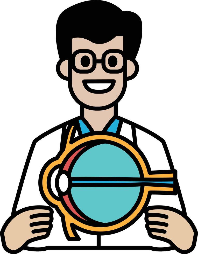 A man in a white lab coat holding a model of an eye vector