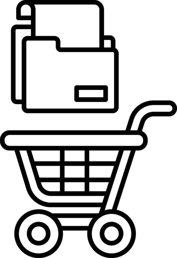 A black and white image of a shopping cart with a stack of papers on top of it vector