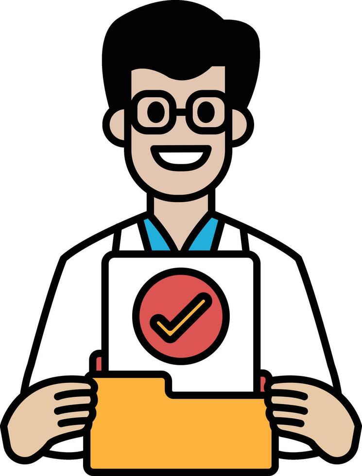 A man in a white lab coat holding a folder with a red check mark on it vector
