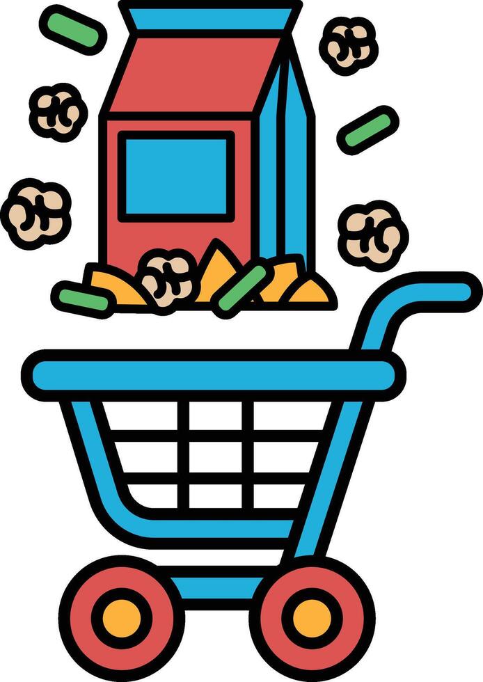 A blue shopping cart with a red bag of popcorn in it vector