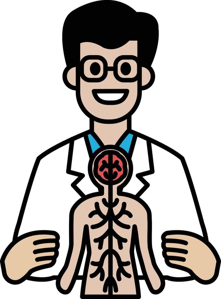 A cartoon doctor is holding a man's arm and pointing to the veins vector