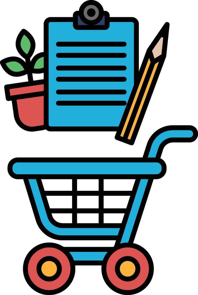 A blue shopping cart with a pencil and a piece of paper on top of it vector