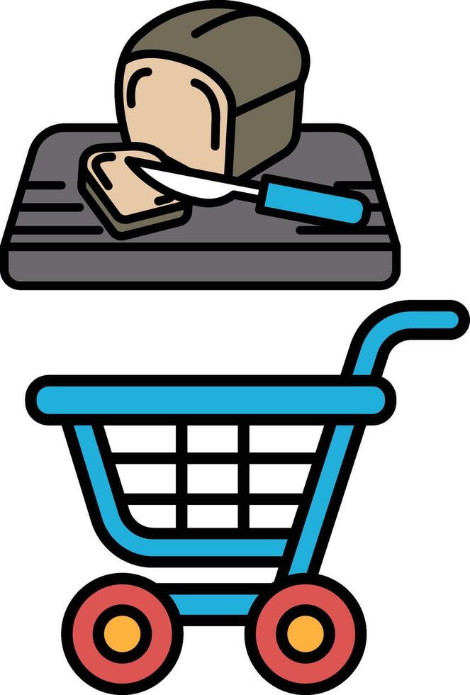 A blue shopping cart with a loaf of bread and a knife on top of it vector