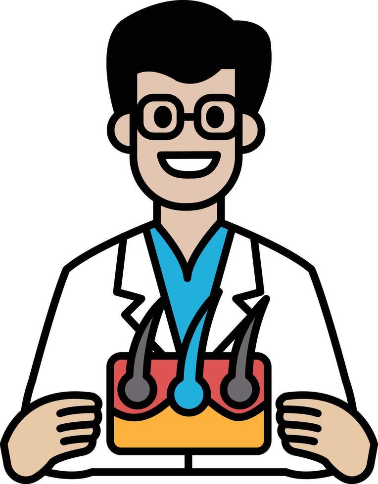A man in a white lab coat holding a model of a human head vector