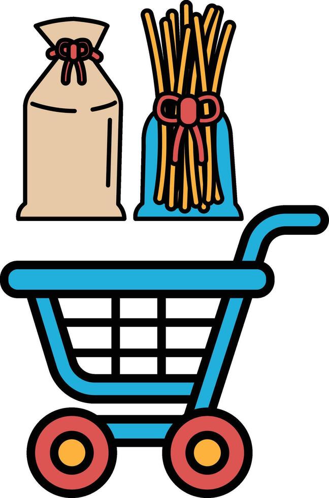 A blue shopping cart with a bag of pasta and a bag of bread vector