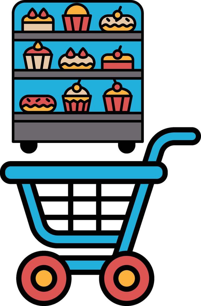 A blue shopping cart with a carton of cupcakes on top vector