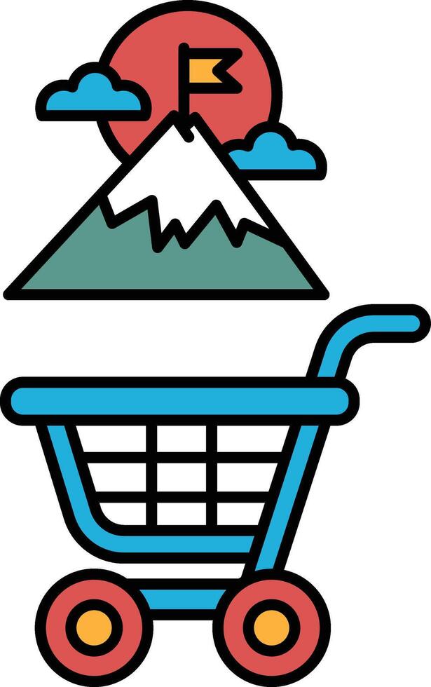 A blue shopping cart with wheels and a flag on top of a mountain vector